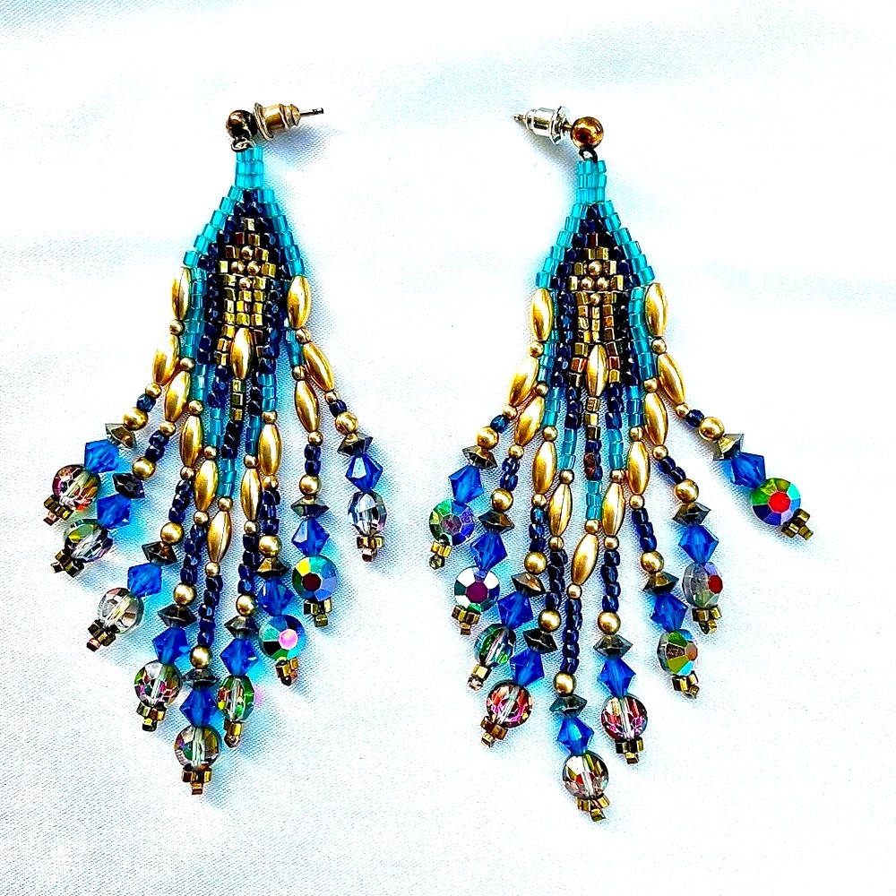 14k gold and glass beaded iridescent dangling earrings - Picture 3 of 3
